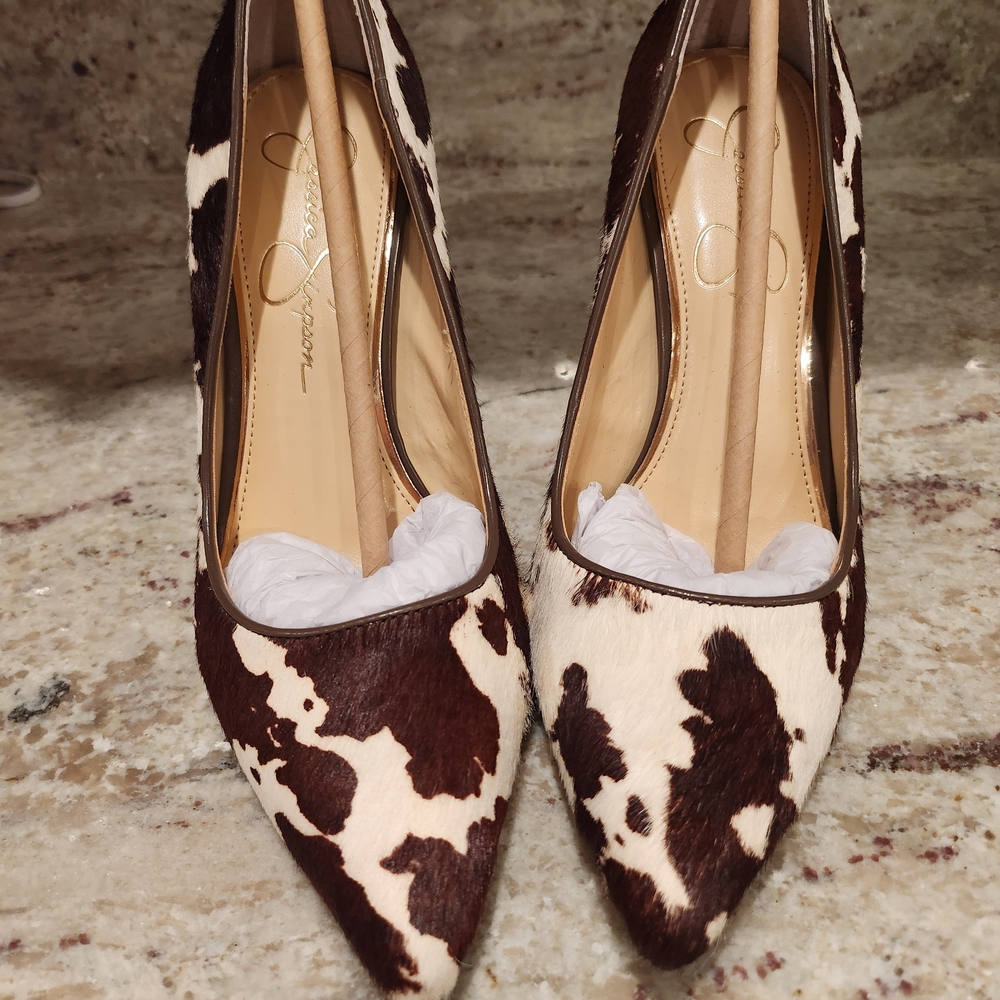 Jessica Simpson Brown and White Cowhide Pointed Toe Heels